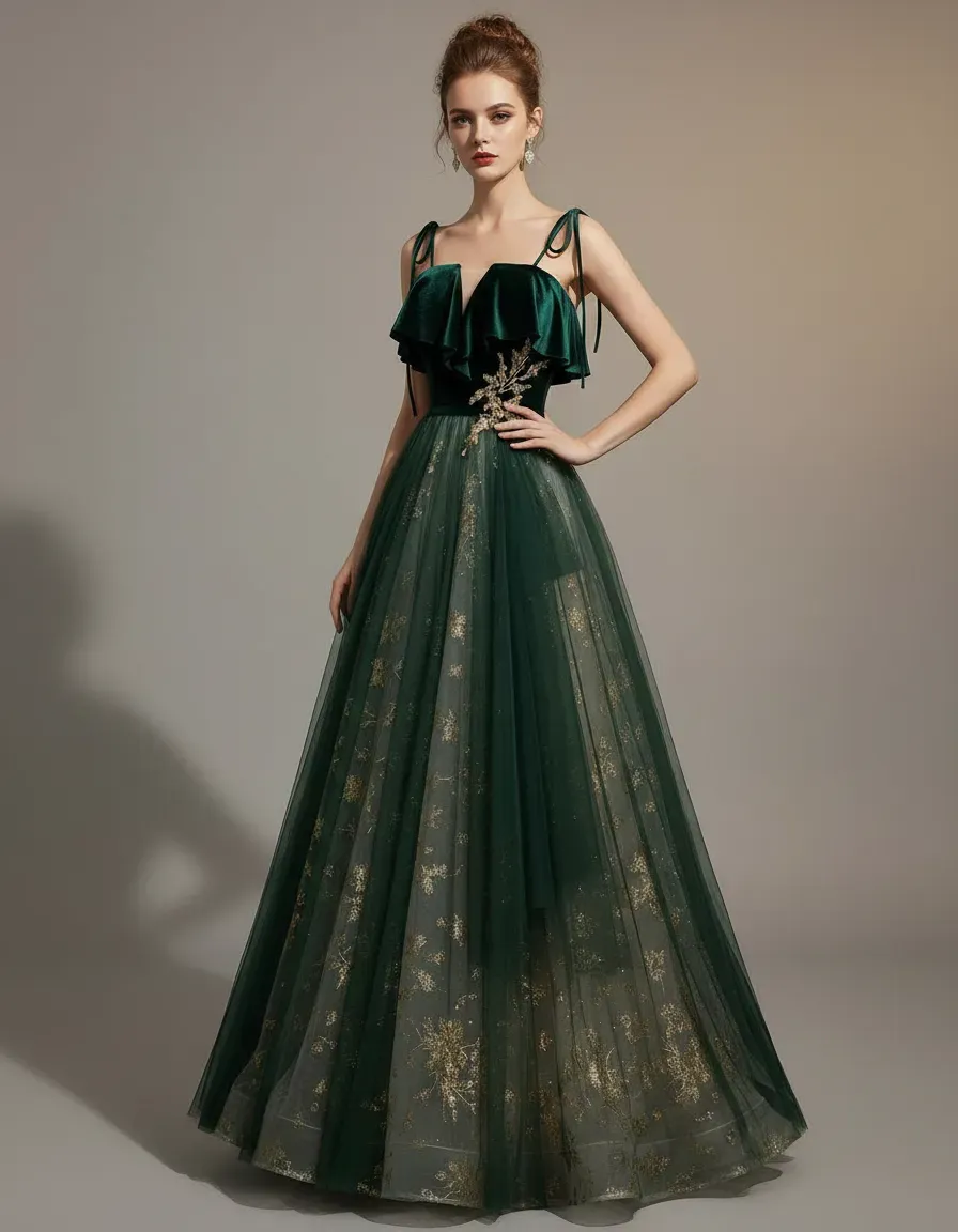 Abito da sera in velluto verde - Embroidery Gold recensione e prezzo