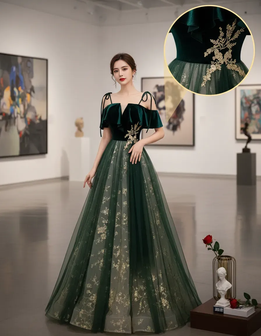 Abito da sera in velluto verde - Embroidery Gold recensione e prezzo